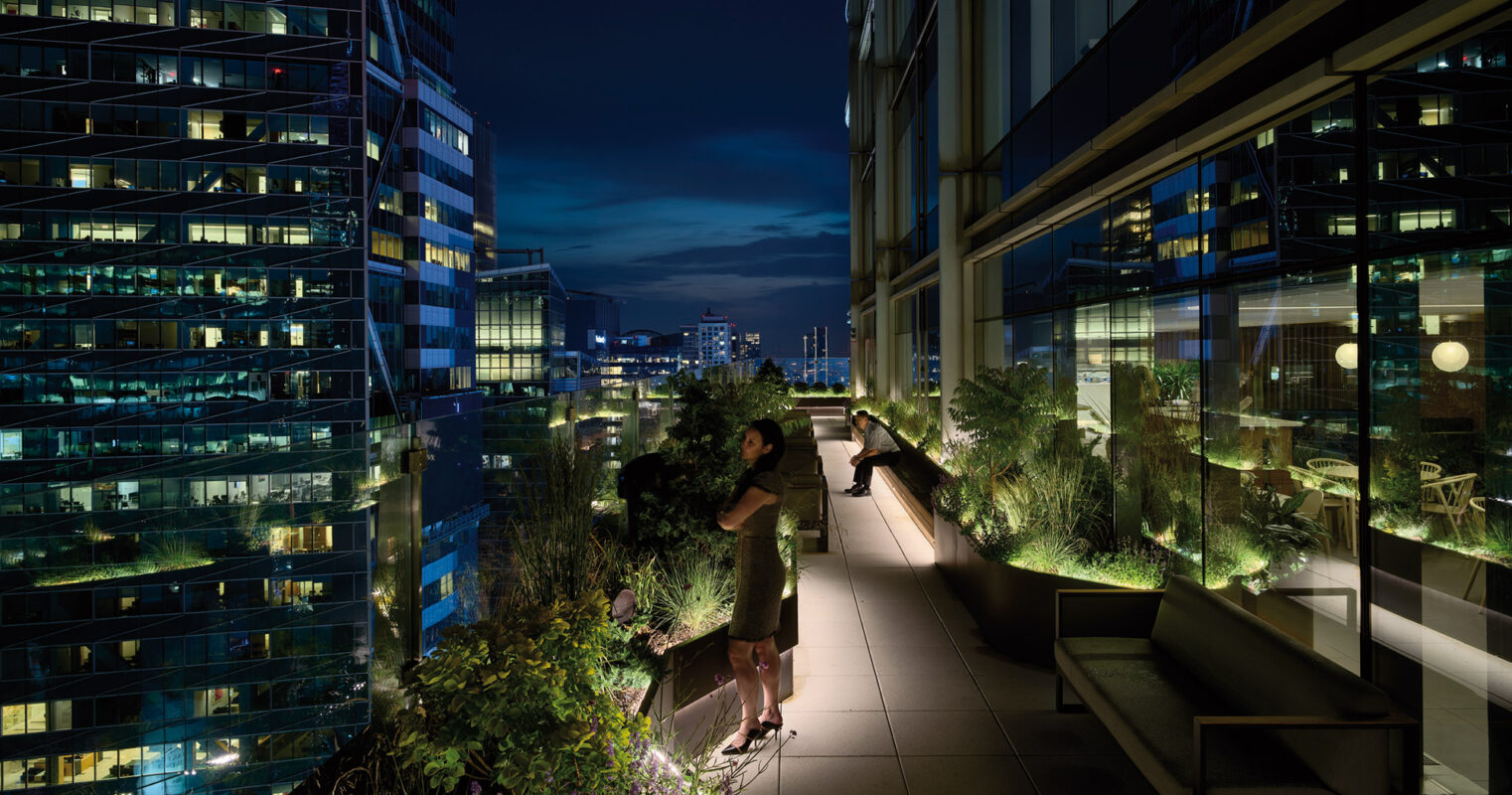 A serene urban rooftop garden at twilight, with lush greenery and inviting benches, nestled between glowing contemporary office buildings under a dusky sky.